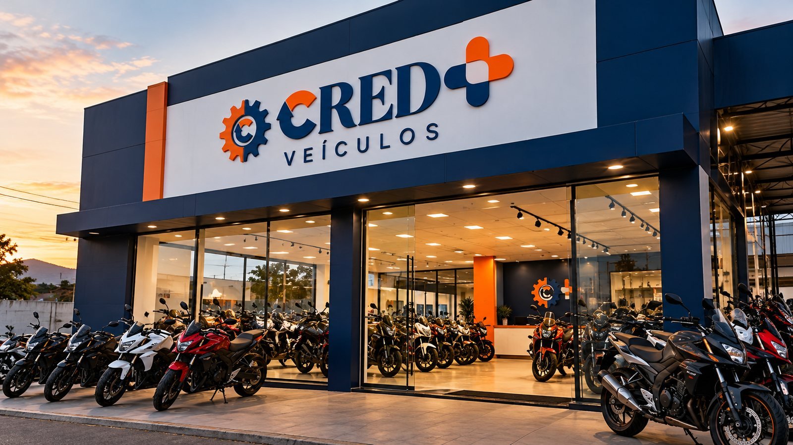 Fachada da Cred+ Veículos com showroom de motos